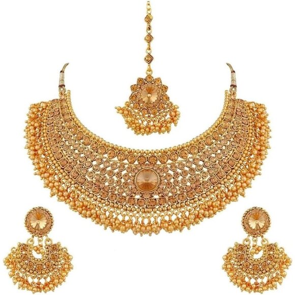 Indian Bridal Jewelry Set Copper Metal 8 Inch Adjustable Necklace Earrings